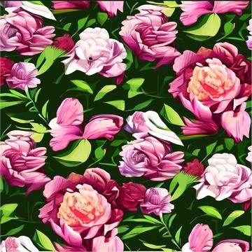 Vector seamless pattern with pink peonies and leaves on a green background. Stock Illustration