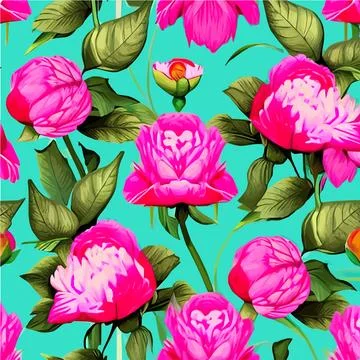 Vector seamless pattern with pink peonies and leaves on a green background. Stock Illustration