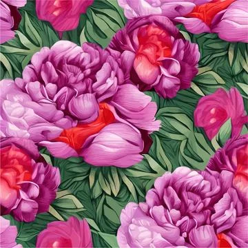 Vector seamless pattern with pink peonies and leaves on green background. 스톡 일러스트