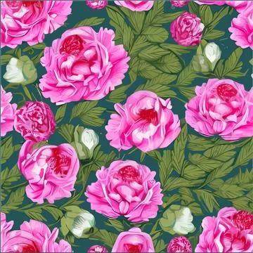 Vector seamless pattern with pink peonies and leaves on a green background. 库存插图