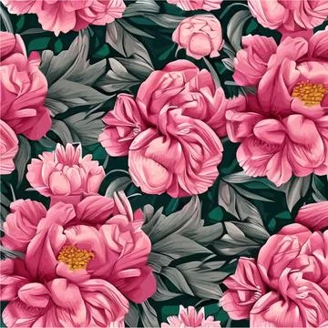 Vector seamless pattern pink peonies and leaves on green background. Romantic 스톡 일러스트