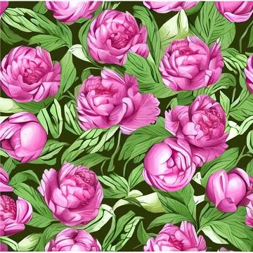 Vector seamless pattern with pink peonies and leaves on green background. Stock Illustration