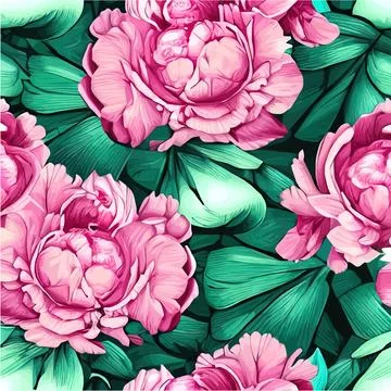 Vector seamless pattern pink peonies and leaves on green background. Romantic 스톡 일러스트