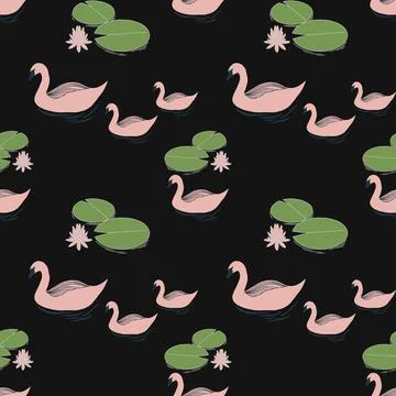  vector seamless pattern with pink swan and water lily Stock Illustration