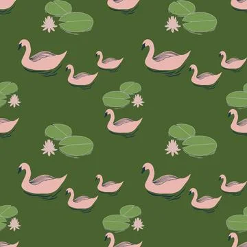  vector seamless pattern with pink swan and water lily Stock Illustration