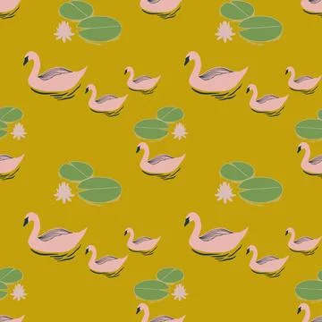  vector seamless pattern with pink swan and water lily Stock Illustration