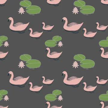  vector seamless pattern with pink swan and water lily Stock Illustration