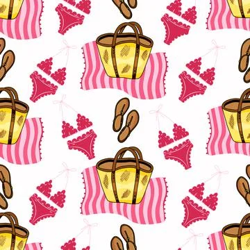 Vector seamless pattern with pink swimsuit, pink striped towel, women sandals Stock Illustration
