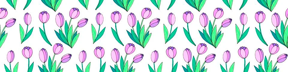 Vector seamless pattern with pink tulip flowers. Hand drawn spring texture, b Stock Illustration