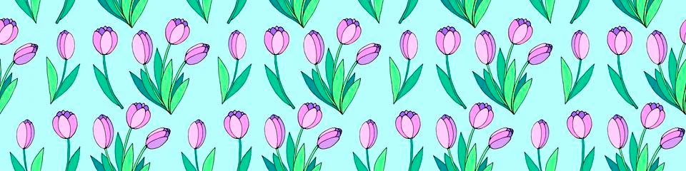 Vector seamless pattern with pink tulip flowers. Hand drawn spring texture, b Stock Illustration