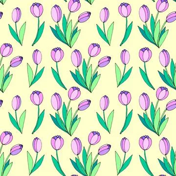 Vector seamless pattern with pink tulip flowers. Hand drawn spring texture, b Illustrazione stock