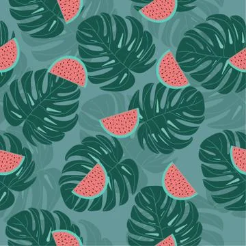 Vector seamless pattern with pink watermelon palm leafs Ilustración de archivo