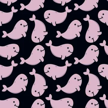 Vector seamless pattern with pink whales on dark background for kids. Stock Illustration