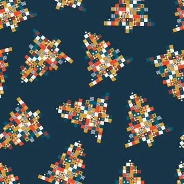 Vector seamless pattern of pixel art Christmas tree on blue background. Backg Stock Illustration