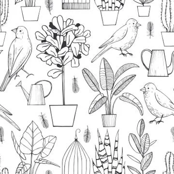 Vector seamless pattern  with  plants and birds. Stock Illustration