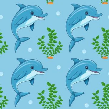 Vector seamless pattern. Playful dolphins. Stock Illustration