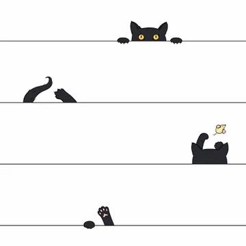 Vector seamless pattern with playing cat drawn Stock Illustration