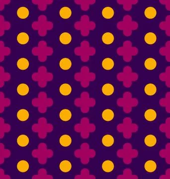 Vector seamless pattern with pluses and circles. Pink crossroads and yellow c イラスト素材