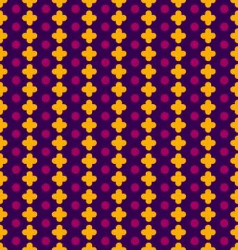 Vector seamless pattern with pluses and circles. Yellow crossroads and purple Stock Illustration