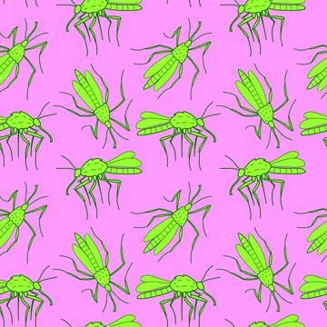 Vector seamless pattern of poisonous green mosquitoes, moths, midges in doodl Stock Illustration