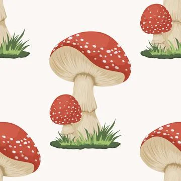Vector Seamless Pattern with Poisonous Inedible Mushroom. Hand Drawn Cartoon Red イラスト素材