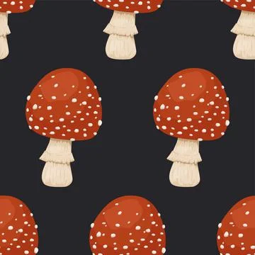 Vector Seamless Pattern with Poisonous Inedible Mushroom. Hand Drawn Cartoon Red イラスト素材