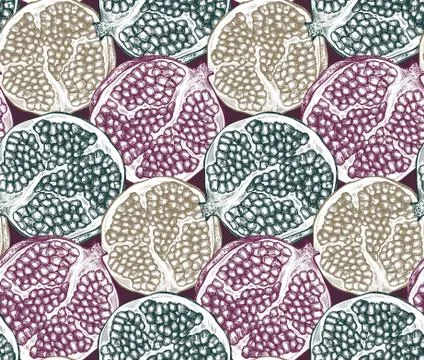 Vector seamless pattern with pomegranate fruit slices. Stock Illustration