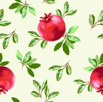 Vector seamless pattern with pomegranate fruits and seeds on white background Stock Illustration