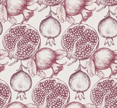 Vector seamless pattern with pomegranate fruits, flowers, branches. Stock Illustration