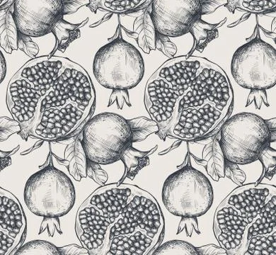 Vector seamless pattern with pomegranate fruits, flowers, branches. Stock Illustration