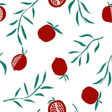 Vector seamless pattern with pomegranate fruits in cartoon flat style on white Stock Illustration