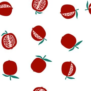 Vector seamless pattern with pomegranate fruits in cartoon flat style on white Stock Illustration