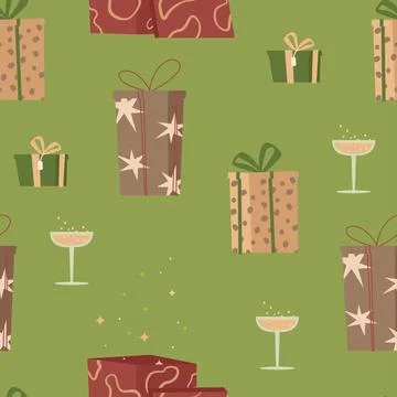 Vector seamless pattern with presents and champagne. Cute hand-drawn gift box Stock Illustration