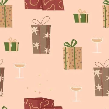 Vector seamless pattern with presents and champagne. Cute hand-drawn gift b.. Stock Illustration
