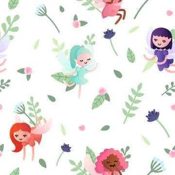 Vector seamless pattern with pretty little baby fairies. Stock Illustration