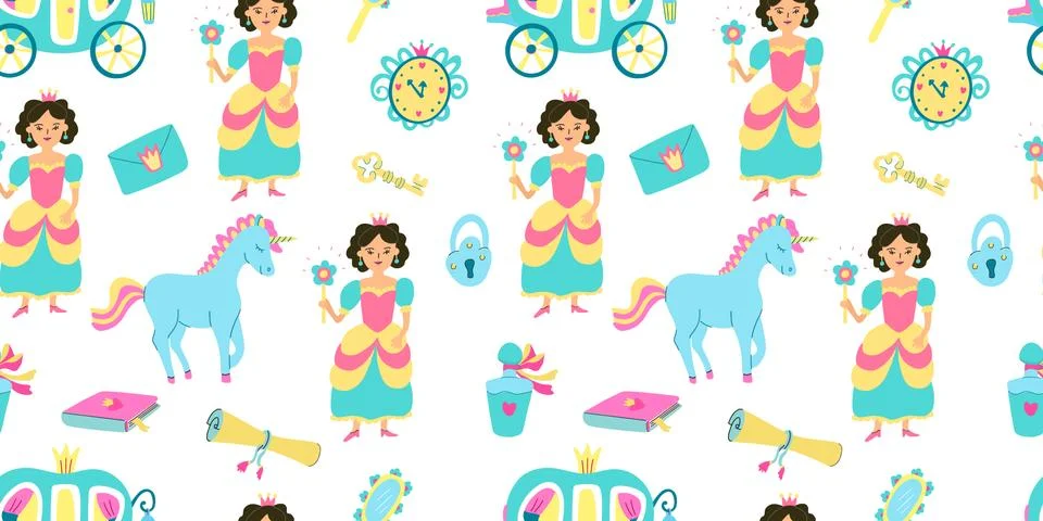 Vector seamless pattern with princess, carriage, unicorn. イラスト素材