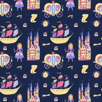 Vector seamless pattern with princess stuff on deep blue. Stock Illustration