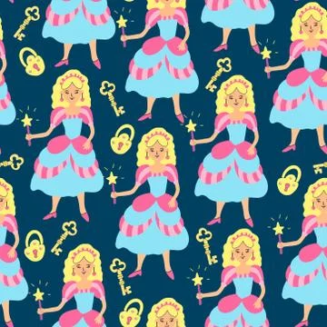 Vector seamless pattern with princesses, padlocks and gold keys. Stock Illustration