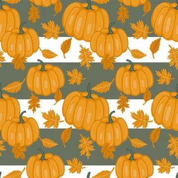 Vector seamless pattern with pumpkins and leaves. Halloween. Hand drawn illus Illustrazione stock