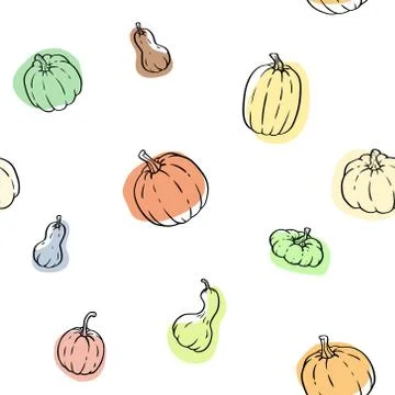 Vector seamless pattern with pumpkins, gourds different types, colors, shapes. 스톡 일러스트