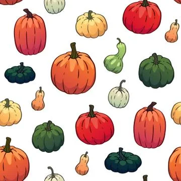 Vector seamless pattern with pumpkins, gourds different types, colors, shapes. 스톡 일러스트