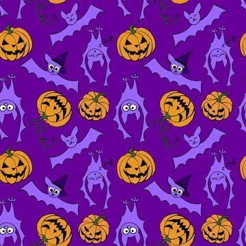 Vector seamless pattern with pumpkins, Jack o lantern, witch shifters and cut Stock Illustration