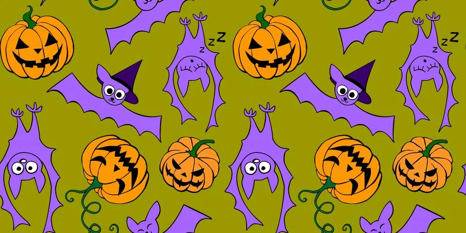 Vector seamless pattern with pumpkins, Jack o lantern, witch shifters and cut Stock Illustration
