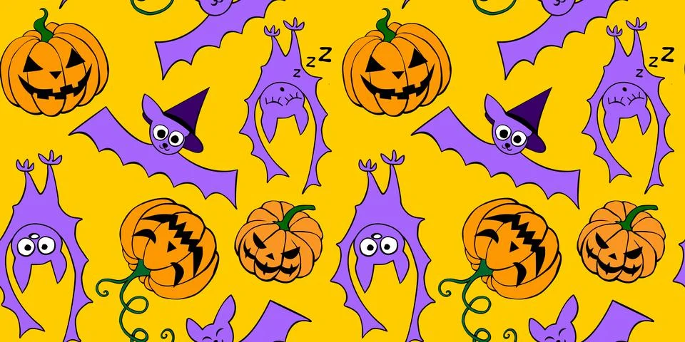 Vector seamless pattern with pumpkins, Jack o lantern, witch shifters and cut Stock Illustration