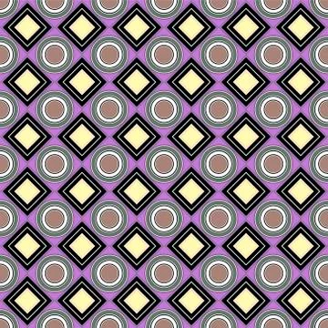 Vector seamless pattern. Purple, yellow, black rhombus, square, circle, texti Illustrazione stock