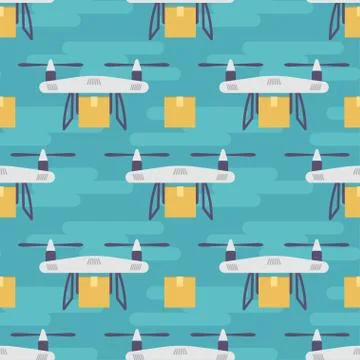 Vector seamless pattern with quadrocopters or drones carrying parcels. Stock Illustration