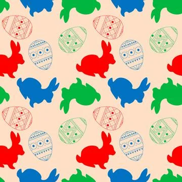 Vector seamless pattern with rabbits and colorful eggs. Easter holiday backgr Illustrazione stock