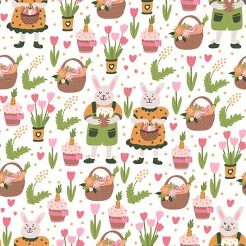 Vector seamless pattern with rabbits, colorful eggs, flowers and Easter cakes. Stock Illustration