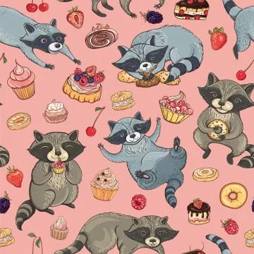 Vector seamless pattern with raccoons and cakes Stock Illustration