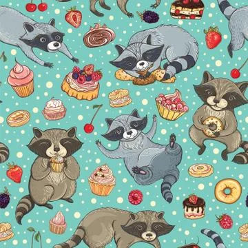 Vector seamless pattern with raccoons and cakes Stock Illustration